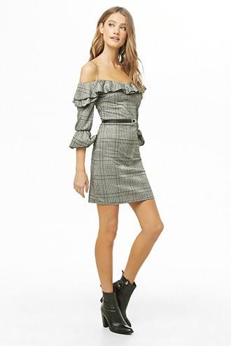 Forever21 Glen Plaid Open-shoulder Mini Dress