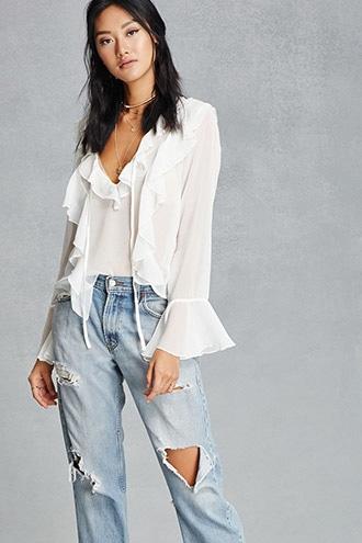 Forever21 Women's  White V-neck Ruffle Top