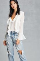 Forever21 Women's  White V-neck Ruffle Top