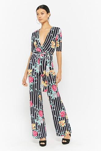 Forever21 Floral & Striped Surplice Jumpsuit