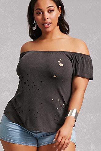 Forever21 Plus Size Distressed Bardot Top