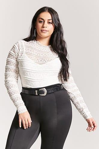 Forever21 Plus Size Ruffle-trim Sheer Lace Top