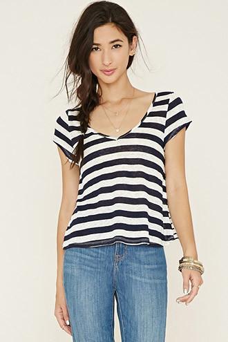 Forever21 Women's  Navy & Ivory Striped V-neck Top