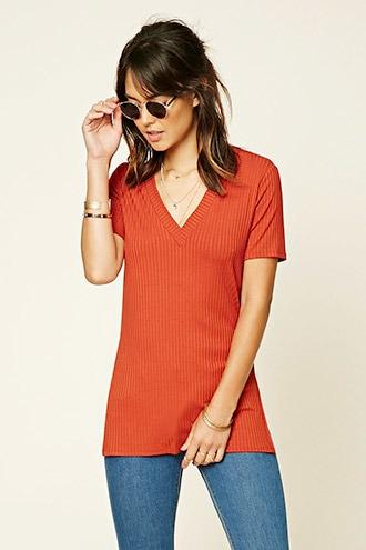 Forever21 Women's  Rust Ribbed Knit Split Hem Top
