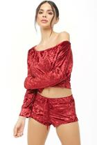 Forever21 Oh La La Cheri Velvet Off-the-shoulder Top & Shorts Set
