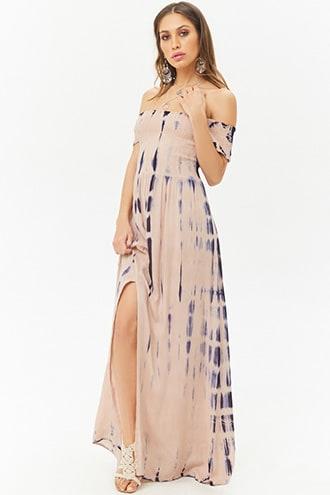 Forever21 Boho Me Tie-dye Smocked Off-the-shoulder Split-front Maxi Dress