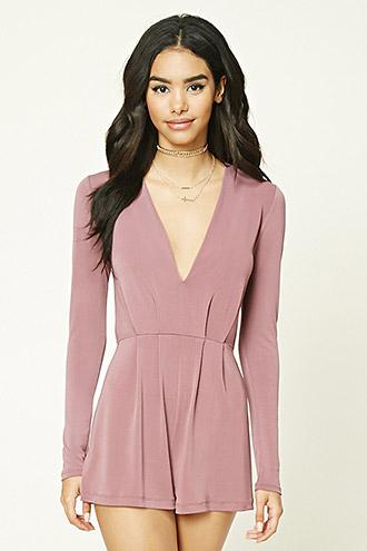 Forever21 Women's  Mauve Pleated V-neck Romper