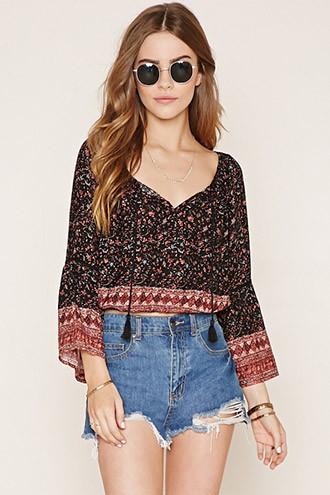 Forever21 Women's  Black & Rust Floral Bell-sleeve Top