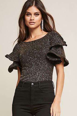 Forever21 Metallic Semi-sheer Ruffle-sleeve Top