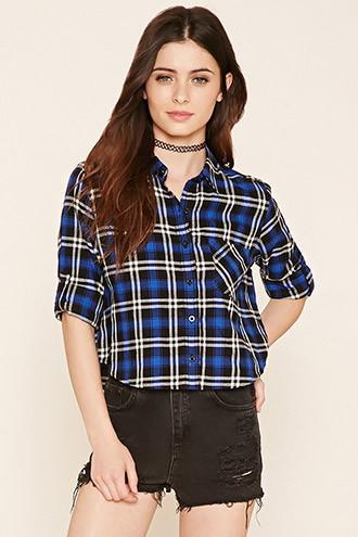 Forever21 Women's  Black & Royal Plaid Flannel Shirt