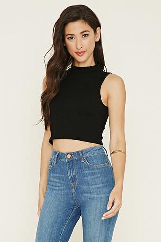Forever21 Women's  Black Mock Neck Textured Crop Top