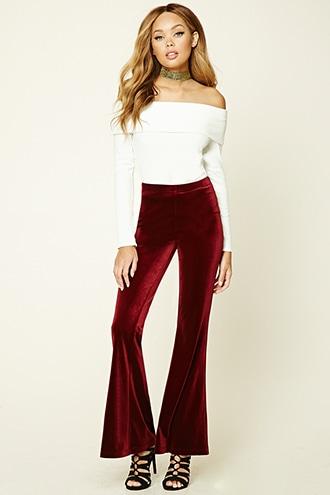 Forever21 Women's  Burgundy Velvet Flared Pants