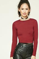 Forever21 Women's  Burgundy Cropped Crew Neck Tee