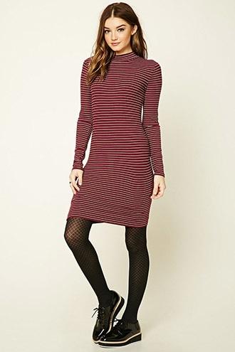 Forever21 Women's  Burgundy & White Striped Mock Neck Dress