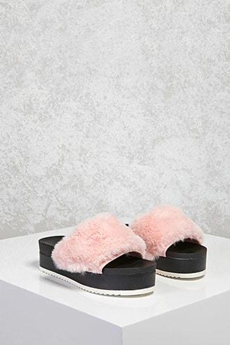 Forever21 Faux Fur Platform Slide Sandals