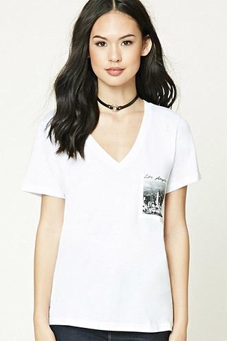 Forever21 Women's  Black & White Los Angeles Graphic V-neck Tee