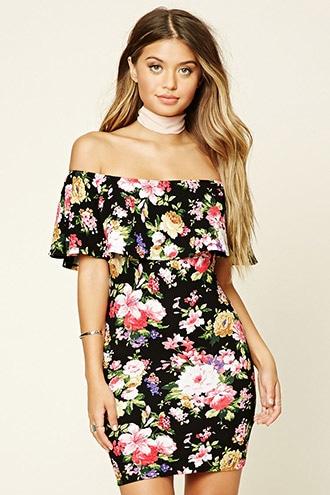 Forever21 Women's  Black & Hot Pink Floral Off-the-shoulder Dress