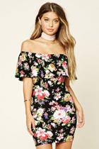 Forever21 Women's  Black & Hot Pink Floral Off-the-shoulder Dress