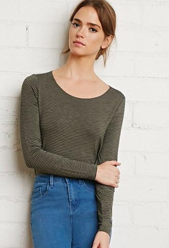 Forever21 Women's Boat Neck Micro-striped Tee (olive/black)