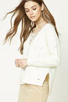 Forever21 Women's  Cream Lace-up Cable Knit Sweater