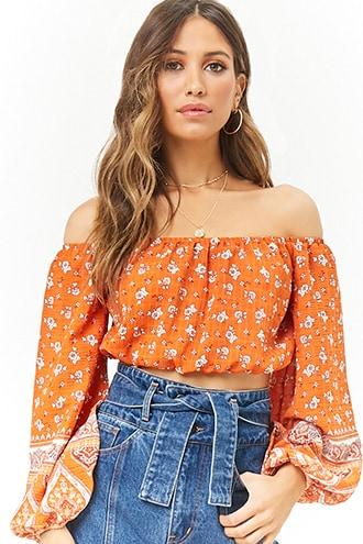 Forever21 Floral Ornate Off-the-shoulder Peasant Crop Top