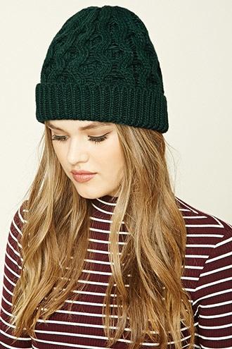 Forever21 Women's  Green Honeycomb Fold-over Beanie