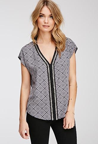 Forever21 Contemporary Beaded-trim Mandala Print Blouse