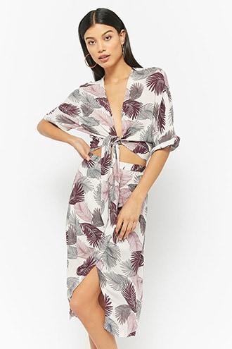 Forever21 Feather Print Tie-front Top & Skirt Set