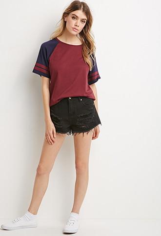 Forever21 Women's Varsity-striped Tee (burgundy/navy)