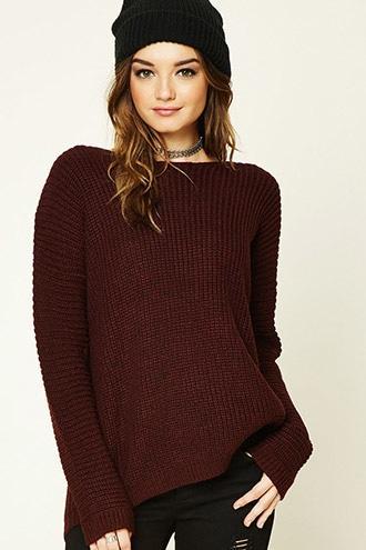 Forever21 Women's Burgundy & Black Chunky Crisscross-back Sweater