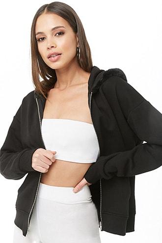 Forever21 Faux Fur-trim Zip-up Hoodie