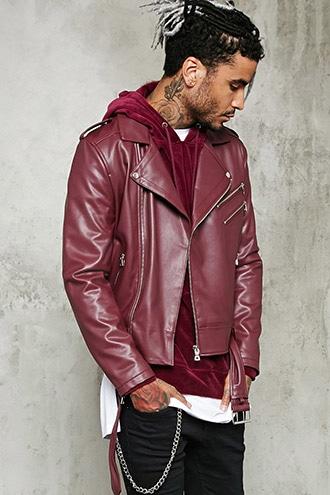 21 Men Men's  Burgundy Faux Leather Moto Jacket