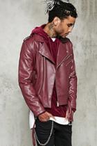 21 Men Men's  Burgundy Faux Leather Moto Jacket