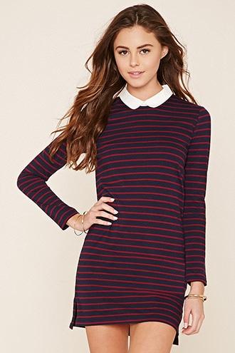 Forever21 Women's Navy & Wine Collared Stripe Shift Dress
