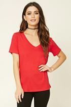 Forever21 Plus Women's  Red Cotton-blend V-neck Tee