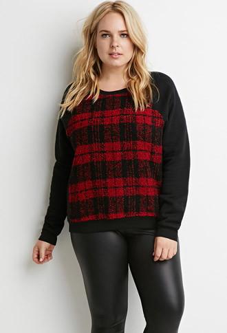 Forever21 Plus Plaid Loop-knit Paneled Sweatshirt