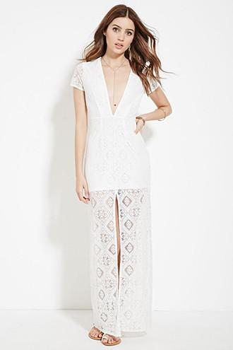 Forever21 Women's  Ivory V-neck Lace Maxi Dress