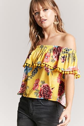 Forever21 Floral Off-the-shoulder Pom Pom Trim Crop Top