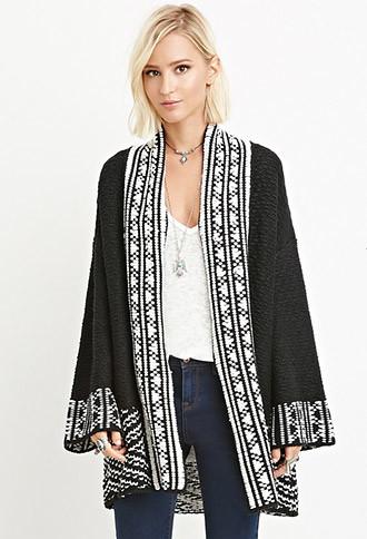 Forever21 Women's  Textured Open-front Cardigan (black/cream)
