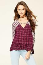 Forever21 Women's  Eggplant & Cream Floral Cutout-neck Top