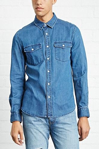 21 Men Men's  Medium Denim Pocket-front Denim Shirt