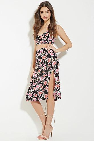 Forever21 Women's  Cream Side-slit Floral Print Skirt