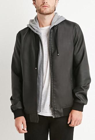 21 Men Faux Leather Hooded Jacket