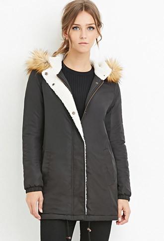 Forever21 Women's  Hooded Faux Shearling Parka (black)