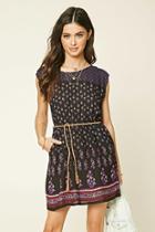 Forever21 Women's  Black & Teal Belted Floral Print Dress
