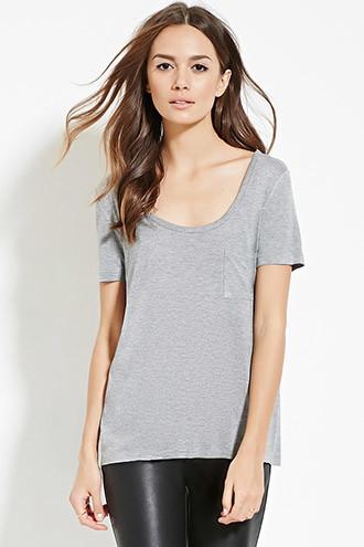 Love21 Women's  Heather Grey Contemporary Raw-cut Pocket Tee