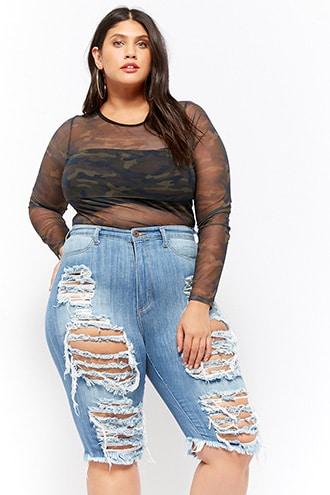 Forever21 Plus Size Distressed Denim Bermuda Shorts
