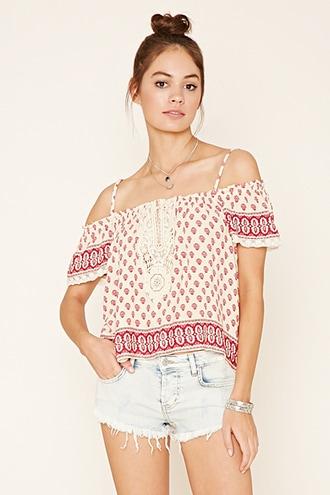 Forever21 Women's  Ornate Print Open-shoulder Top