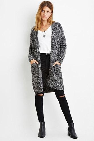 Love21 Women's  Black & Grey Fuzzy Longline Cardigan