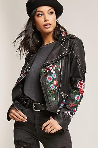 Forever21 Floral Embroidered Moto Jacket